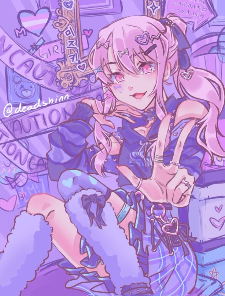 a digital illustration of a pinkhaired anime girl with various accessories, including bows, ribbons, and heartshaped hair clips. she is wearing a blue and purple outfit, including a skirt, thighhigh socks, and a jacket, and is posed in a cute and kawaii style. the background features various elements such as hearts, caution tape, a transgender heart, a teddy bear, and a framed image. the color palette is dominated by pastel colors, primarily pink and purple.