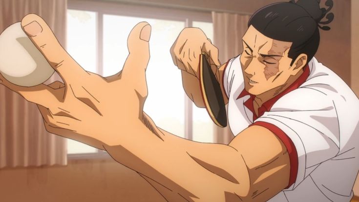 the image captures an intense moment in a table tennis match.  a muscular man with a determined expression winds up for a powerful serve, his eyes focused on the ball.  the closeup perspective emphasizes the speed and power of his movements. the bright, naturally lit gym creates a sense of energy and excitement.