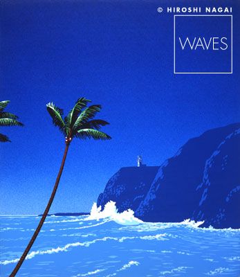 a serene seascape featuring a solitary palm tree standing tall against a deep blue sky. the tree leans slightly towards the water, casting a shadow on the turquoise ocean.  behind the tree, a distant cliff rises up from the water, with a small white lighthouse peeking out from the top.  the sea is a vibrant blue, with small waves crashing gently along the shore. the scene is framed by a dark blue sky, creating a sense of depth and tranquility. the artwork is a minimalist illustration, with a bold graphic style.