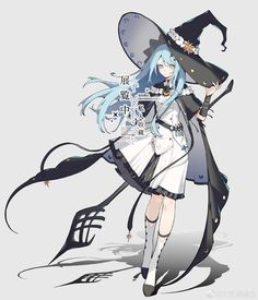 the illustration features a young woman, drawn in an anime style, dressed as a witch. she stands against a plain gray background, emphasizing her attire. she has long flowing blue hair that cascades down her back and a pointed witch's hat adorned with a floral motif. her dress is primarily white and black, suggesting a classic witch's garb, with intricate details and flowing elements that create a sense of movement. she holds a witch's staff, further enhancing the mystical aura surrounding her.
