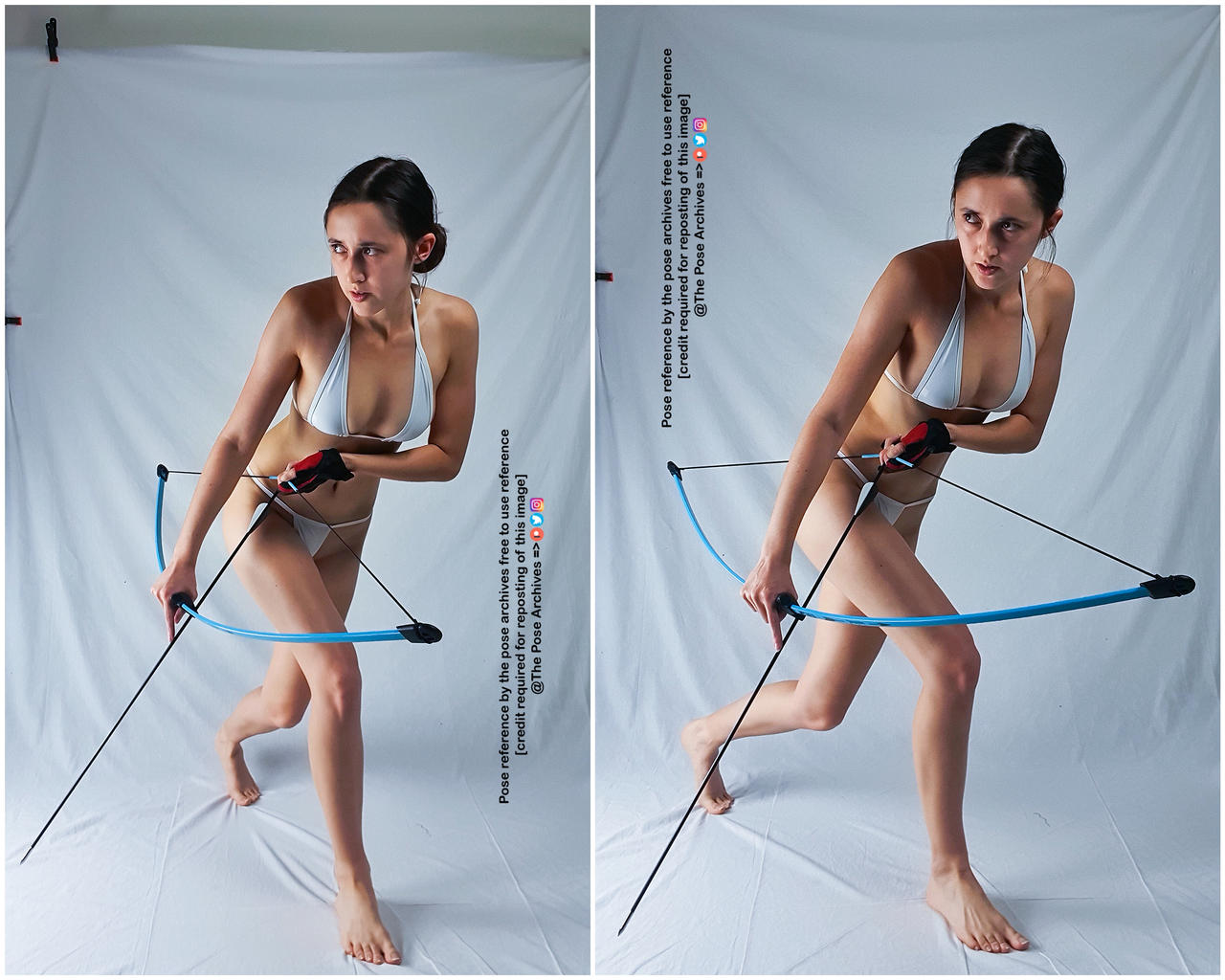 two identical images side by side of a young woman in a white bikini holding a blue and black bow and arrow. she is in an action pose as if she is about to shoot an arrow. the background is white, and the image is welllit with soft lighting. there is text on the image stating that it is a freetouse pose reference and credit is required for reposting. the image also includes the social media handle for "the pose archives."