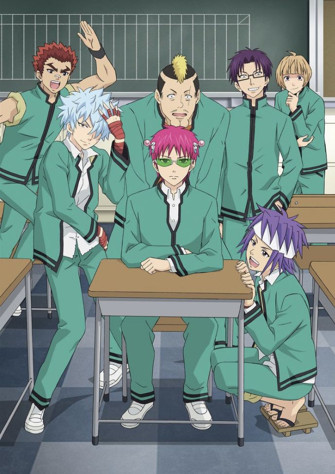 a group of six anime boys are sitting and standing in a classroom. they are all wearing green school uniforms and have different hairstyles. they are all laughing and looking happy. the boy in the center is sitting at a desk with a serious expression. the other boys are standing around him, making jokes and laughing. the boy at the left is the only one who is not smiling. he is looking at the camera with a thoughtful expression.