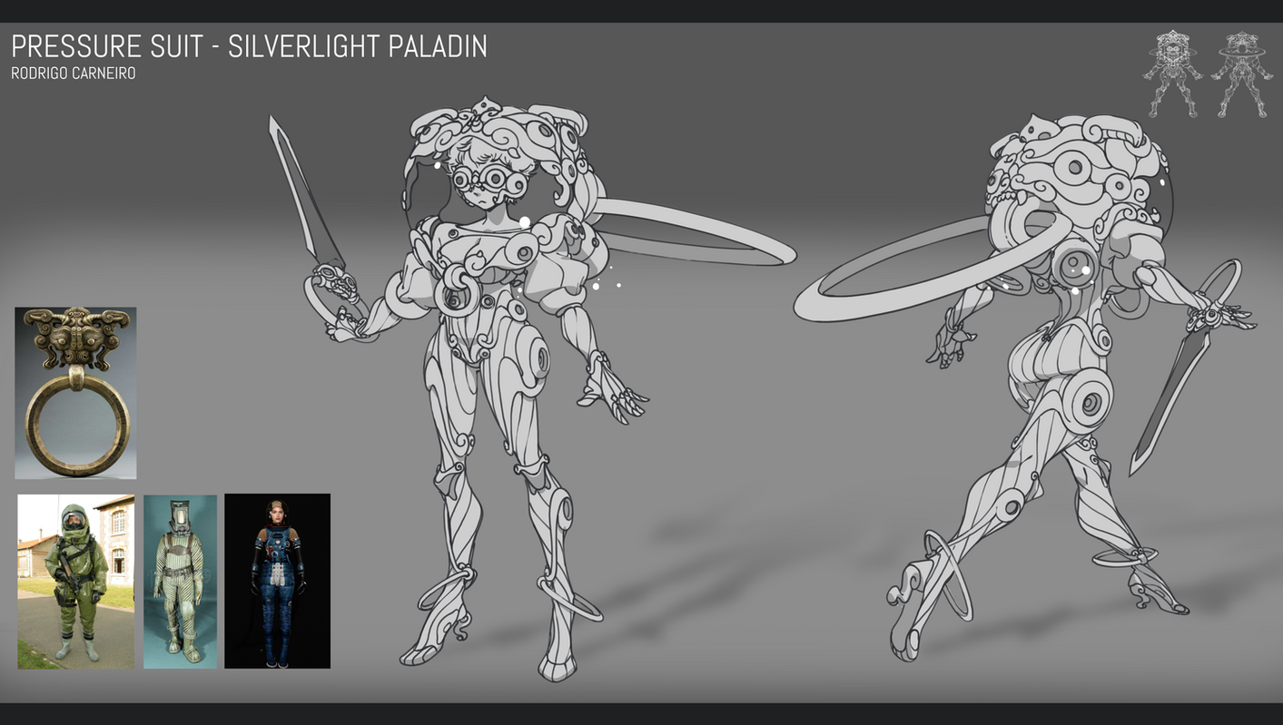 a digital art sketch of a robot woman in a scifi pressure suit holding a sword in each hand. the robot is stylized with a circular helmet and wings made of circles. the robot is seen in a frontfacing view and a rear view. the art is labeled "pressure suit  silverlight paladin." the art is signed by the artist, "rodrigo carneiro."