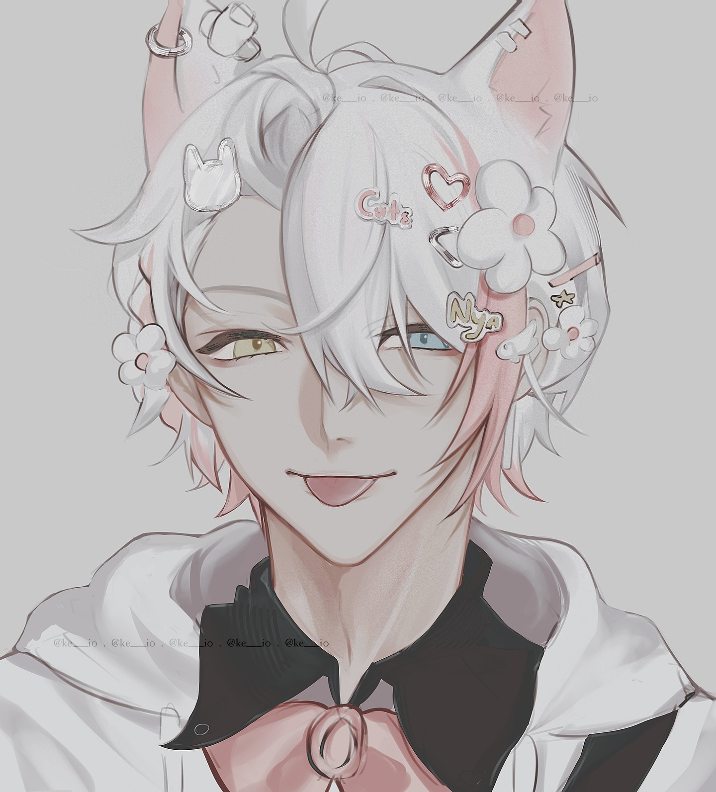 an animestyle drawing of a young man with white and pink hair styled with two cat ears. he has heterochromia: one golden eye and one blue eye. he is sticking his tongue out playfully. the image is a closeup portrait with soft lighting, giving it a gentle and approachable feel.