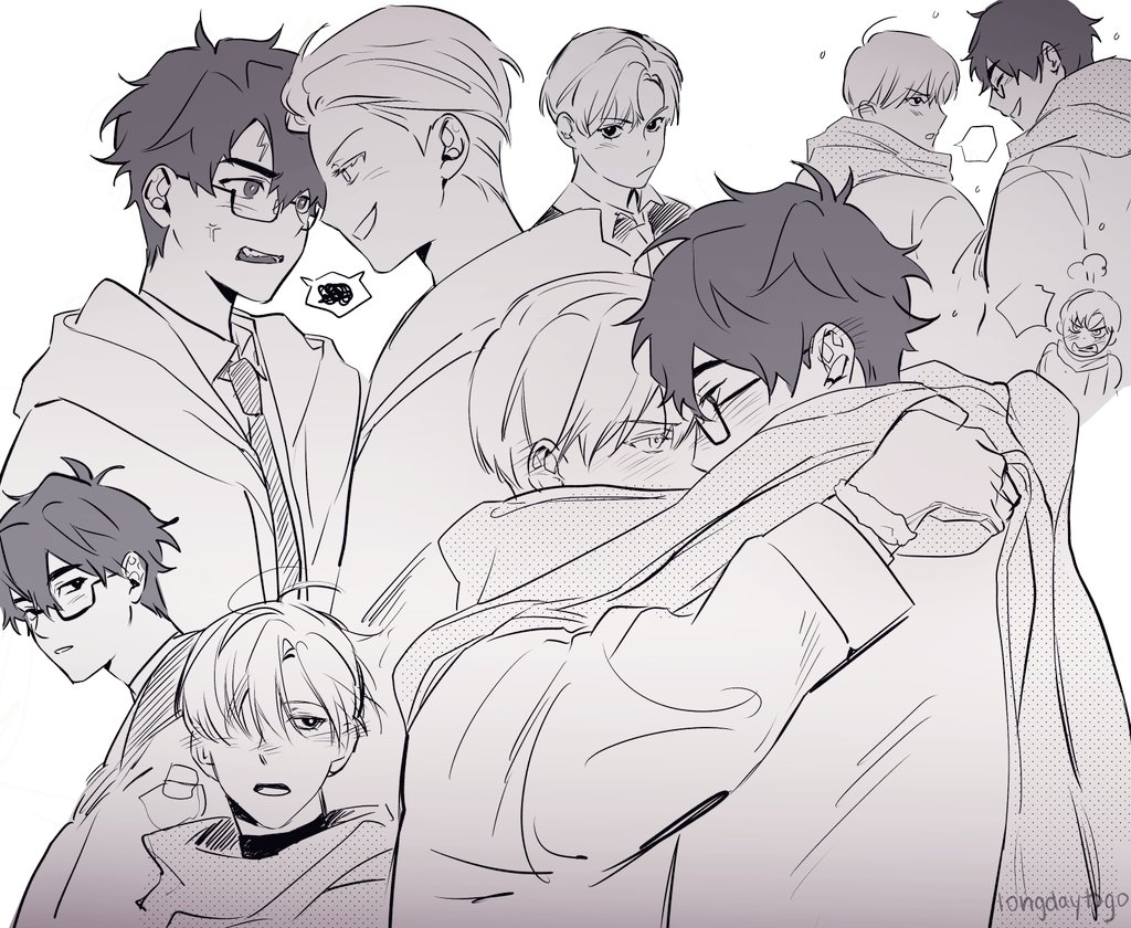 the image is a grayscale animestyle drawing featuring several young men, primarily focused on a central couple affectionately hugging. the couple consists of one person with glasses hugging another.  surrounding them are other characters in various poses and expressions, some looking at the central couple, others engaged in their own separate interactions. the style is a loose, sketchy style common in fanart and webtoons, with varying degrees of detail between the characters. the overall mood is intimate and sweet.  the drawing incorporates elements that suggest a winter setting, such as scarves and coats.