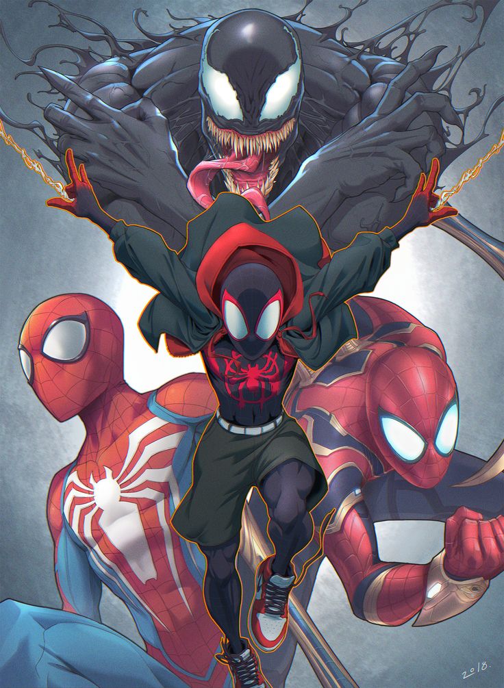a digital art illustration depicting four spiderman characters from the marvel universe, miles morales, peter parker, iron spider, and venom. they are all standing in dynamic poses, ready for action.  miles morales is in the center, while peter parker is in the bottom left, iron spider is in the bottom right, and venom is in the top center. the colors are vibrant and the details are intricate, creating a visually impressive piece.