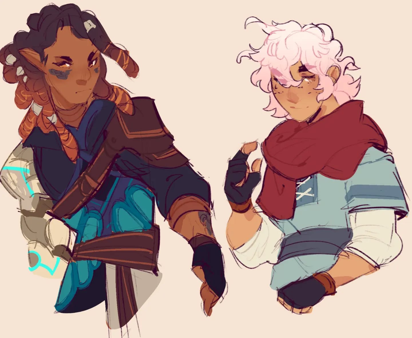 the image showcases two distinct fantasy character designs, rendered in a stylized digital painting style.  on the left is a darkskinned character with elflike features, sporting dreadlocks and elaborate clothing incorporating elements of both fantasy armor and futuristic tech.  this character appears more hardened and battleready.  on the right is a lightskinned character with fluffy pink hair, wearing a simple tunic and a long, red scarf. this character's design is softer and less militaristic. both characters have distinct and detailed clothing and accessories, suggestive of a rich fictional world. the overall style is loose and expressive, emphasizing character personality over precise detail.