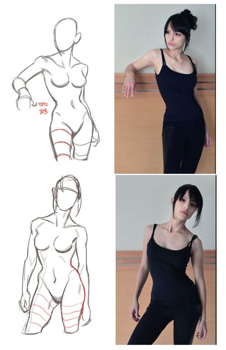 the image shows two figure drawing studies of a woman in a black tank top and pants. the left side of the image shows the sketches, while the right side shows the reference photos. the top row features the woman leaning against a wall, while the bottom row shows her standing with her hips slightly shifted. the sketches highlight the underlying anatomy and proportions of the female figure.