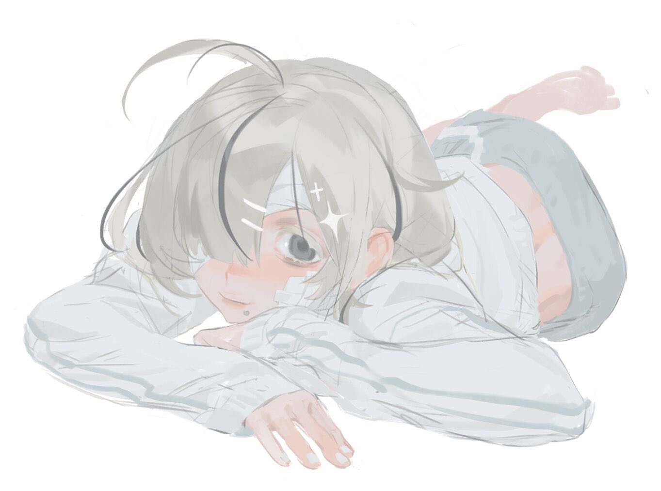 an anime style drawing of a girl lying on her stomach. she has long white hair and a white shirt. her eyes are covered with bandages. she has a  piercing on her lower lip. the background is white and soft.