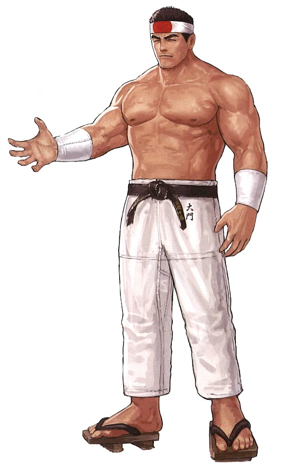 this is a drawing of a muscular man in karate gear, shirtless with a red and white headband.  he's wearing a white gi with a black belt, white arm bands, and geta sandals.  he is standing with his right arm outstretched.  the drawing is done in a manga style with a white background.
