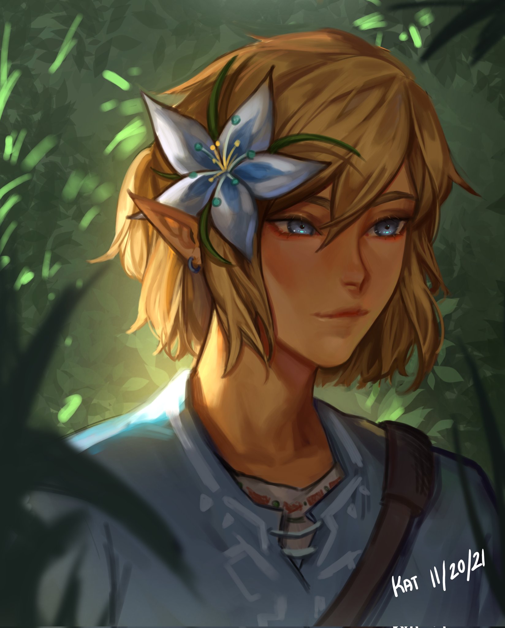the image is a digital painting of a young link, the protagonist of the video game "the legend of zelda: breath of the wild."  he's depicted in a closeup portrait, set against a softly rendered backdrop of a forest.  link has shoulderlength blond hair, elflike ears, and is adorned with a large, light blue korok flower behind his ear. he's wearing his signature tunic and carries a satchel across his shoulder.  the lighting highlights his features and creates a calm, peaceful atmosphere. the overall style is realistic with a painterly touch, and the artist's signature and date are visible in the bottom right corner.