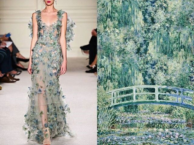 this image is a splitscreen showing a fashion model on a runway and a painting by claude monet. the model is wearing a long, flowing gown made of floral lace that is reminiscent of the style of monet's paintings. the painting is of a japanese bridge over a pond of water lilies, a common motif in monet's work.