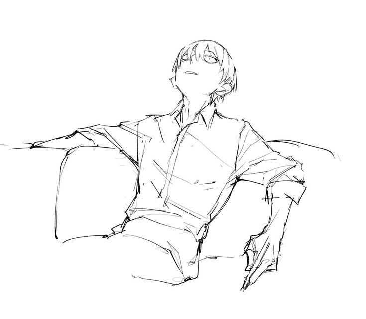 this is a sketch of an anime male character sitting relaxed in a casual pose, with his arms resting on the back of a chair. he is wearing a shirt, and his expression is relaxed. he is looking up, as if he is thinking about something.