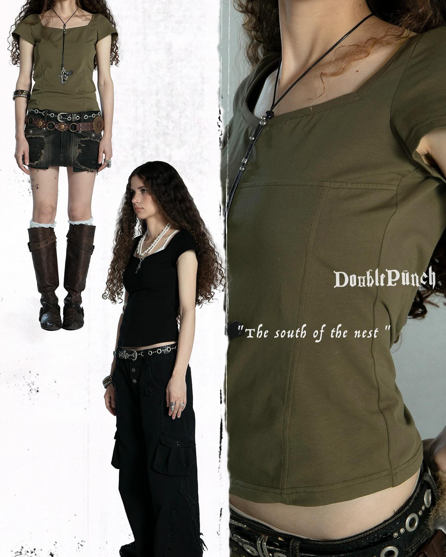 collage showcasing various aspects of the doublepunch "the south of the nest" fashion line.  it features three images of models. the main focus is on a closeup shot of an olivegreen squareneck top. the top is also shown on a model wearing black cargo pants and other accessories. another image showcases a complete outfit, including a similar top and short skirt, paired with boots and accessories. a third model is shown wearing a black square neck top and black cargo pants. the overall style is gothic, alternative or dark fashion, featuring a blend of grunge and punk elements.  the image is a promotional display.
