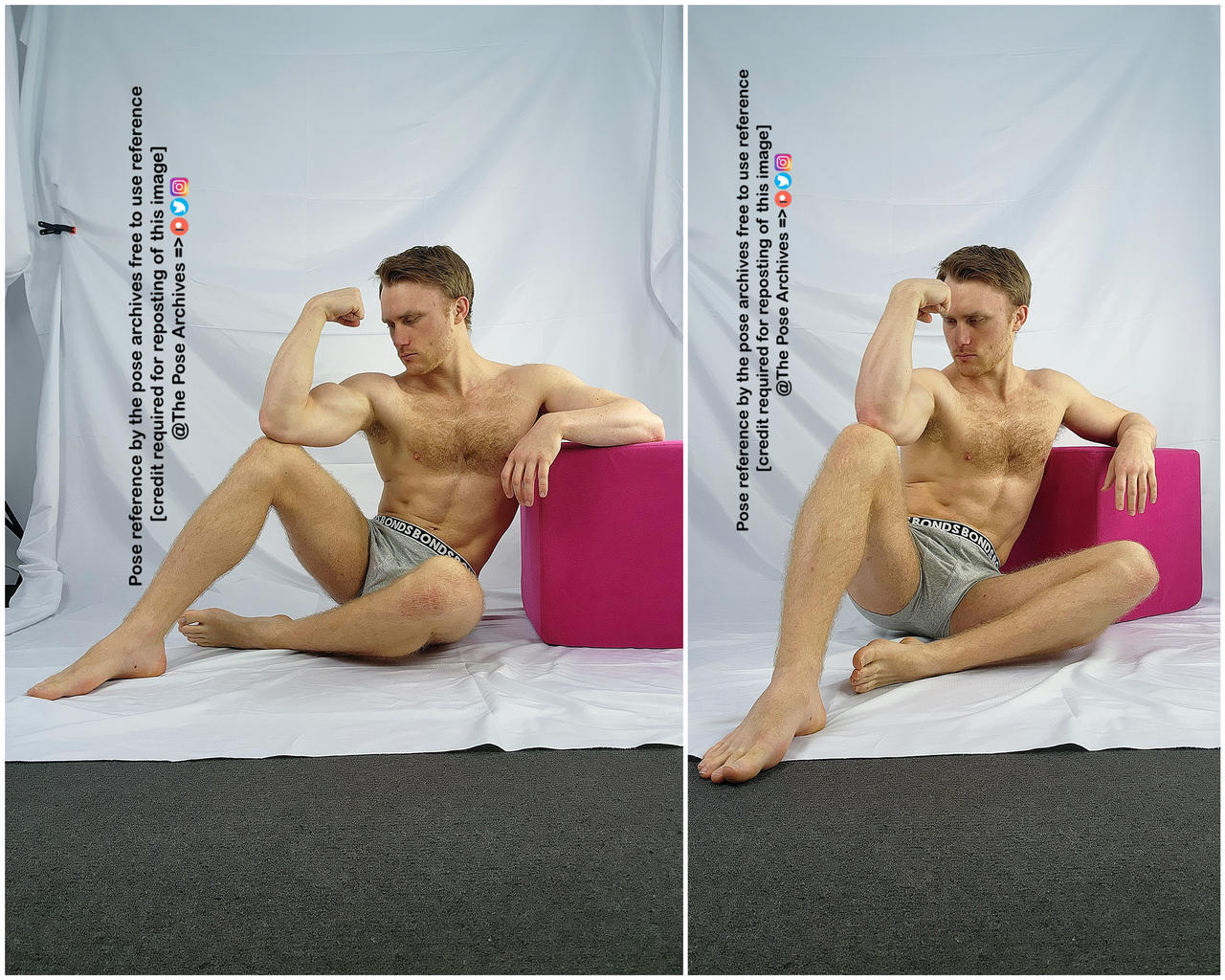 a muscular man with short brown hair is posing in his underwear. he is sitting on a white backdrop with a bright pink cube to his right. the image is a reference photo for artists. the same pose is shown twice, once with the man flexing his bicep and once with a more neutral expression.