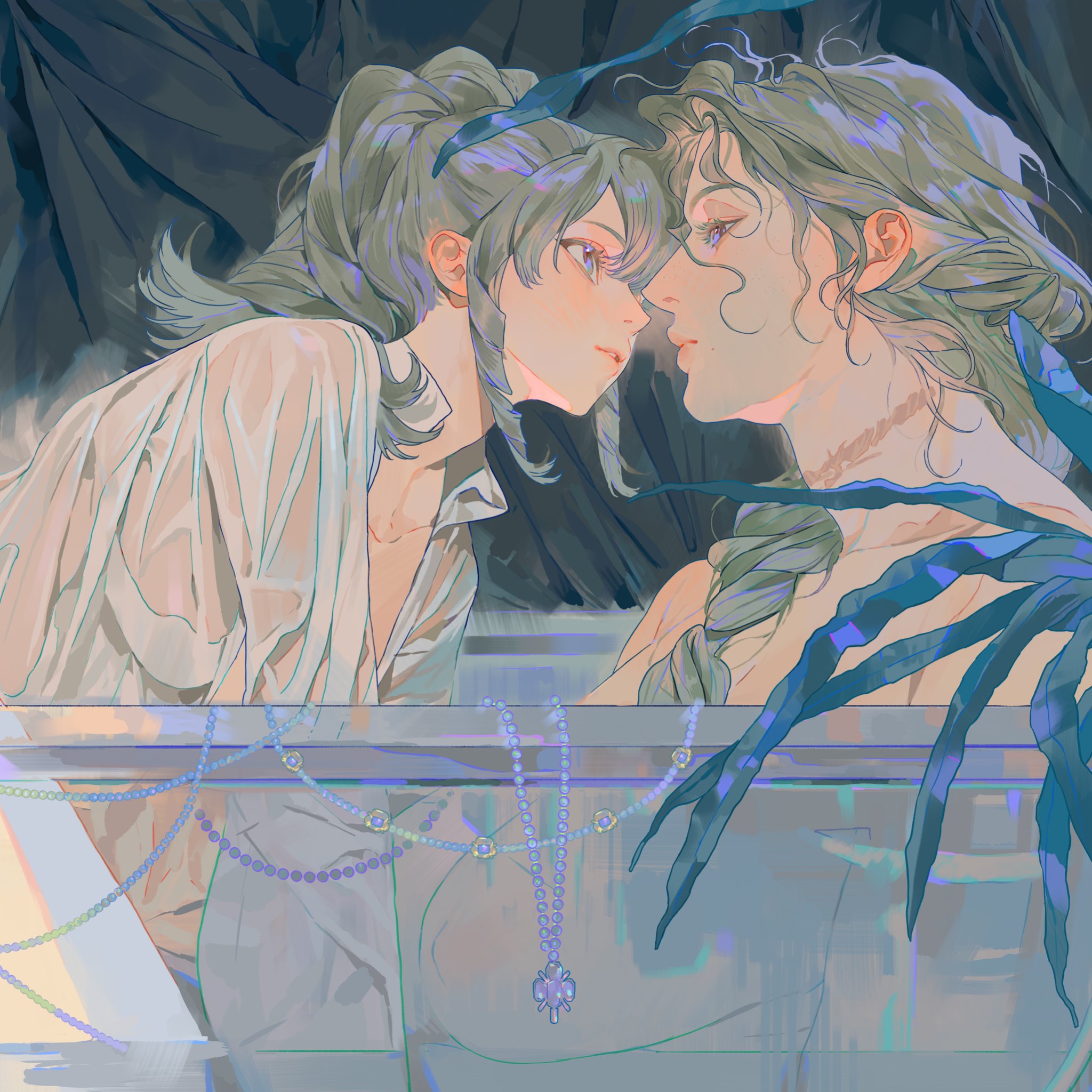 an animestyle illustration depicts two women gazing at each other in close proximity. the woman on the left is wearing a white shirt and has her hair in a ponytail. the woman on the right has her hair braided. both have pale skin. they are positioned behind what appears to be a reflective surface, possibly water, with a pearl necklace hanging down. the background is dark, suggesting an indoor or underwater setting. the overall style is reminiscent of digital art.