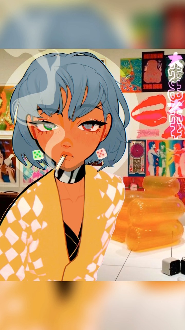 the image is a digital illustration of a stylized anime girl with blue hair, wearing a yellow diamondpatterned jacket and dice earrings. she is smoking a cigarette and has a cool, edgy expression.  the background features a collection of retrostyle pop art pieces and inflatable orange furniture, suggestive of an art gallery or a setting reminiscent of the 1970s or 80s. the overall style is bold and colorful, combining anime aesthetics with pop art influences.