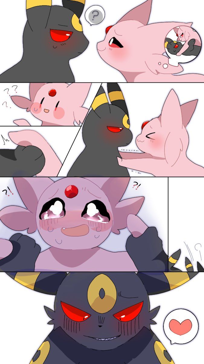 his is a digital fanart depicting a series of interactions between a chibi umbreon and espeon. the first panel shows the two pokémon looking at each other with curious expressions. the second panel shows them getting closer, implying affection. the third panel shows the espeon looking sad and slightly worried, perhaps hinting at a conflict or misunderstanding. the final panel shows a more intense and possibly angrylooking umbreon, with a heartshaped bubble suggesting possible unresolved feelings or a change in the dynamic. the overall style is cute and expressive, typical of anime/mangainspired fanart.