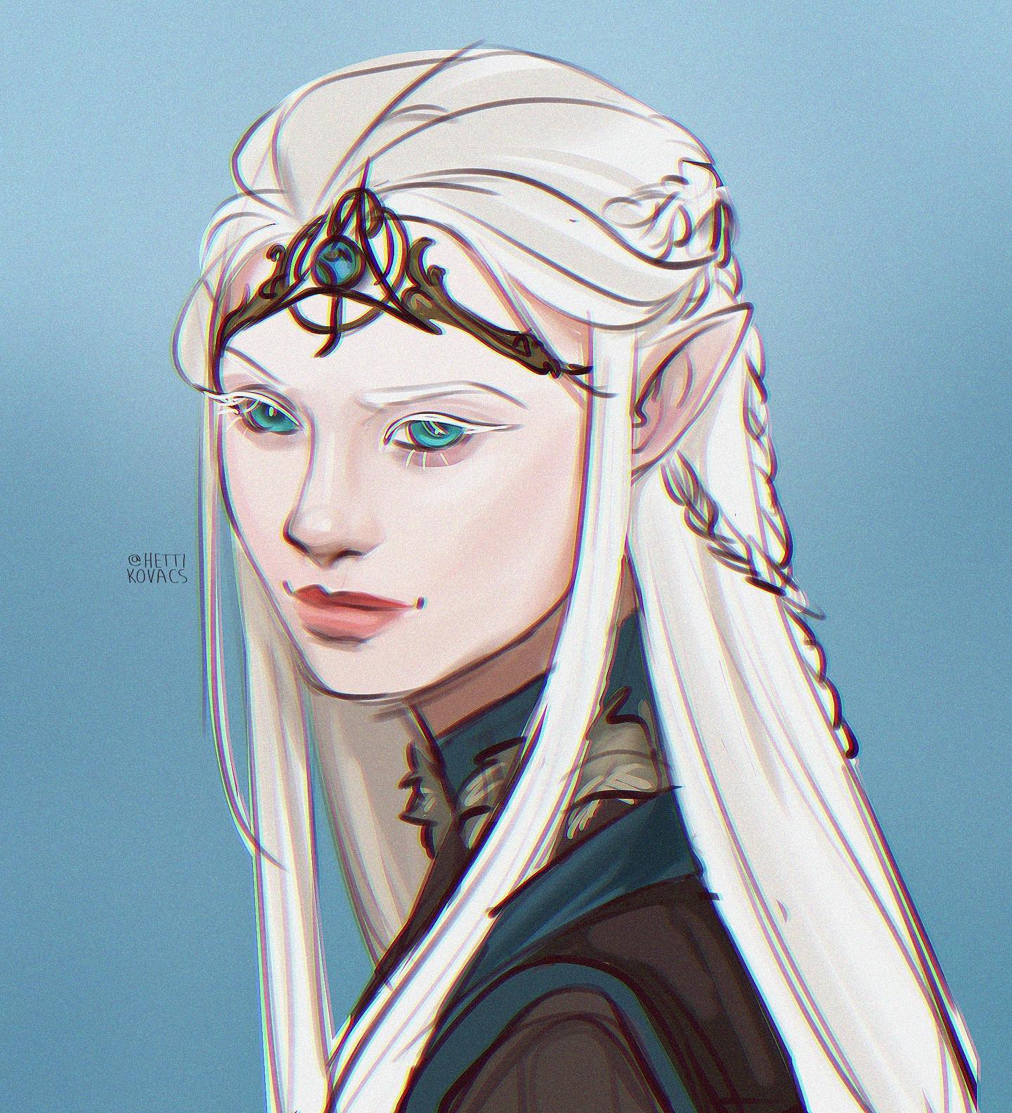 the image is a digital painting depicting a female elf with striking features. she possesses long, flowing white hair styled in intricate braids.  she wears an ornate golden tiara or headband with a central turquoise gemstone. her eyes are a vibrant blue, and her expression is calm and somewhat reserved.  the elf's skin is pale, and her attire appears dark and elegant, suggesting a regal or highfantasy setting. the artist's signature, "shetti kovacs," is subtly placed in the artwork. the painting style is detailed and highly polished, showcasing skillful use of light and shadow to create depth and dimension.  the background is a simple, soft blue that emphasizes the subject.