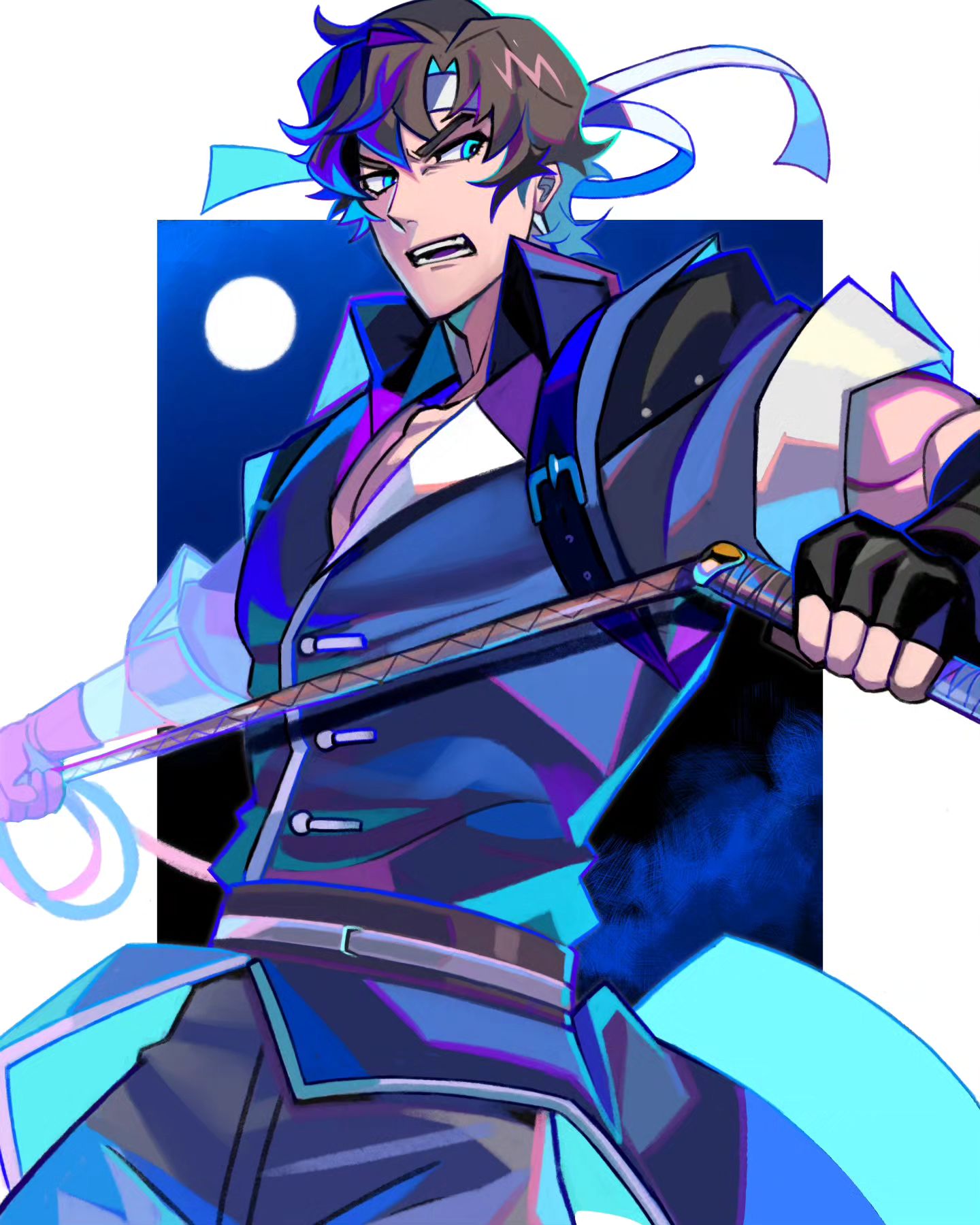 the image is a vibrant digital drawing or fanart depicting a young male anime character. he has brown hair, striking blue eyes, and wears a stylized blue and darkcolored outfit reminiscent of a martial arts uniform or fantasy garb. he holds a long staff or weapon, potentially a combination staff and sword, in a dynamic action pose. the background is a stylized night sky with a full moon, and the overall style is energetic and colorful, using neonlike blues and purples. the character's expression is serious and determined. the art style suggests a possible inspiration from video games or fantasy anime.