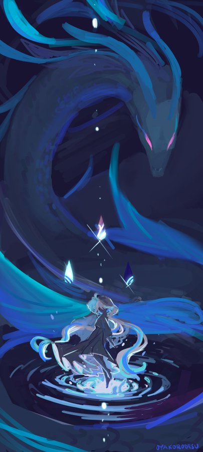 an image of a blue dragonlike creature in a dark blue and purple background with a girl in the center. the dragon is depicted as having a long body with flowing fins, with a small, glowing figure in the center of the image, standing on a ripple of blue water. the creature appears to be very powerful, with sharp features and a menacing gaze, and its wings are spread out as if ready to attack. the girl in the center appears to be fearless, standing her ground against the creature with her hand on her hip. she is standing on a swirling pool of water with a glow surrounding her. the artist has used a vibrant palette of blues and purples to create a mystical atmosphere, with the dragon's body and the girl's glow being the main focal points of the artwork. the image is a beautiful and evocative depiction of a mythical encounter between a powerful creature and a fearless girl.