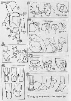 the image is a page from a figure drawing tutorial, illustrating various parts of the human body in different poses. it showcases simplified anatomical structures to help artists understand the underlying forms for drawing. the tutorial uses a combination of line drawings, diagrams, and korean text to explain the concepts.