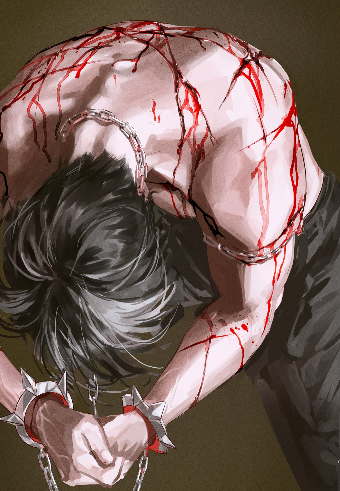 a bloody image of a man with long black hair who has been tortured with chains and is bleeding from multiple wounds. his body is covered in blood and his expression is one of pain and suffering.
