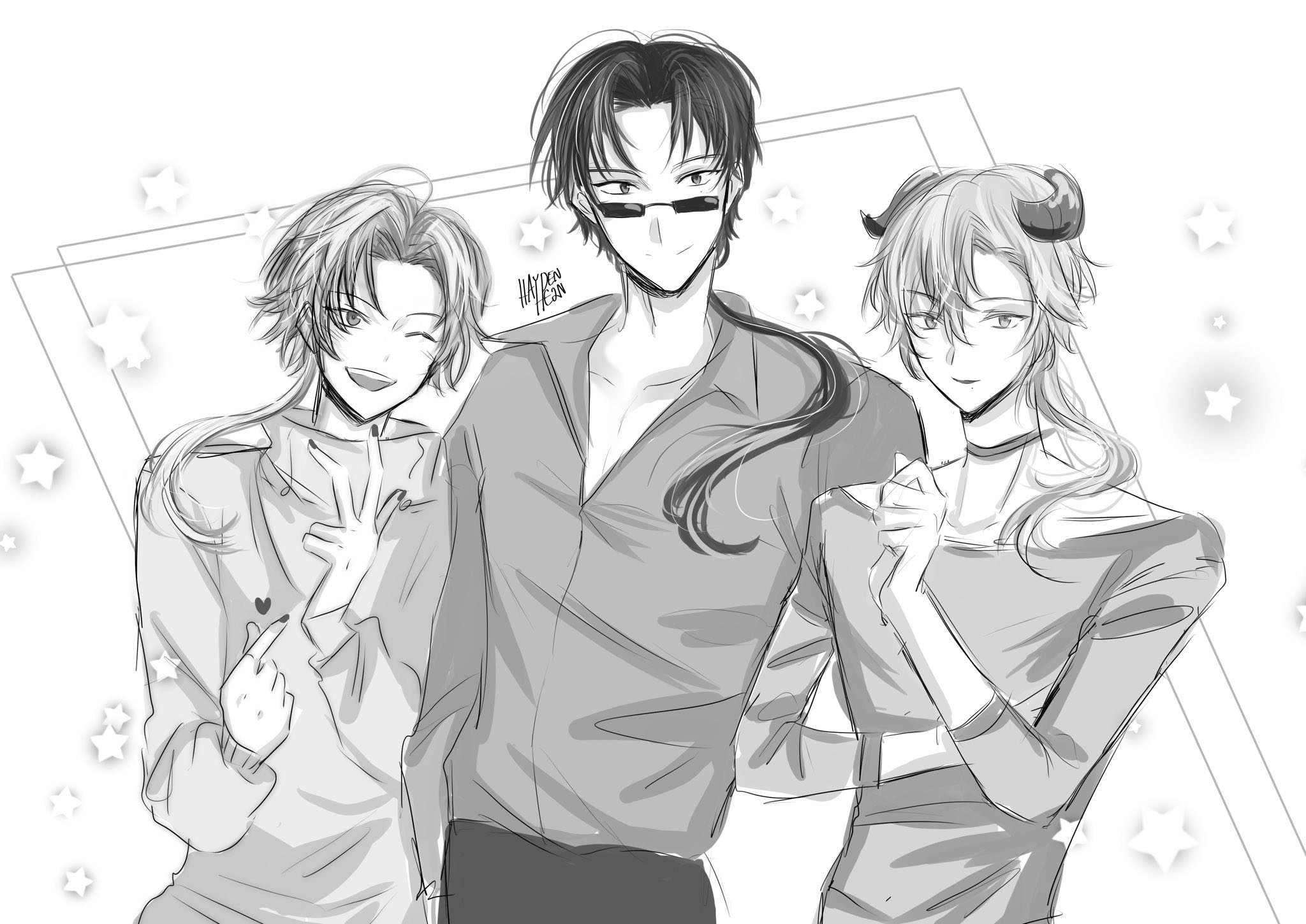 a digital drawing of three male anime characters standing next to each other. the character on the left is wearing a longsleeved shirt with a heart on the sleeve, the character on the right is wearing a longsleeved shirt and has horns. the character in the middle is wearing a longsleeved collared shirt, sunglasses, and has long hair. the background is white with stars.  the image is a sketch and is done in black and white.
