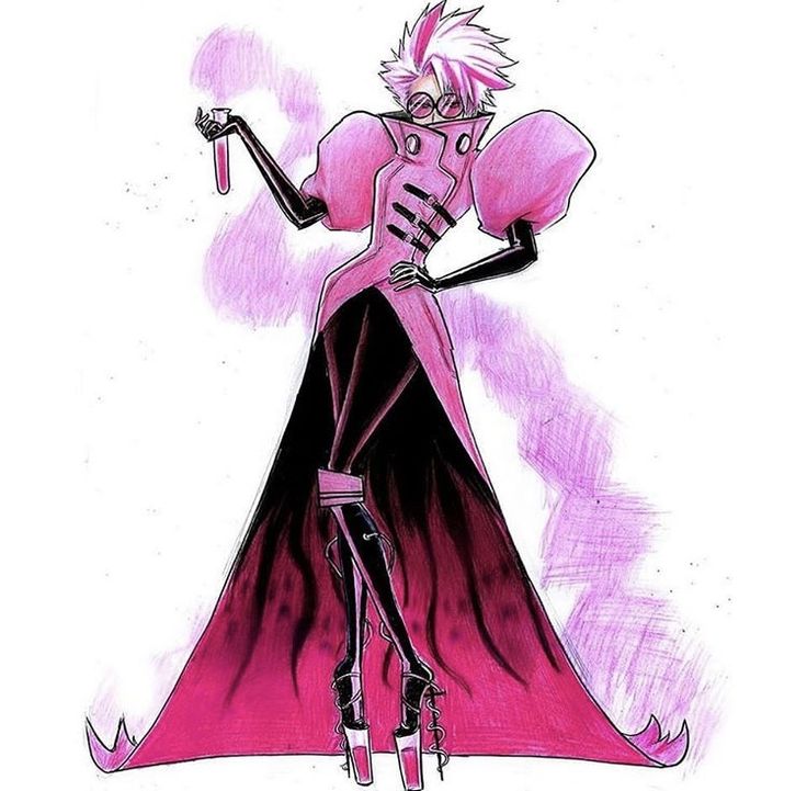 this is an illustration of a fashion design. the person is wearing a long pink dress with black accents and high heels. the person also has a science lab type of theme.