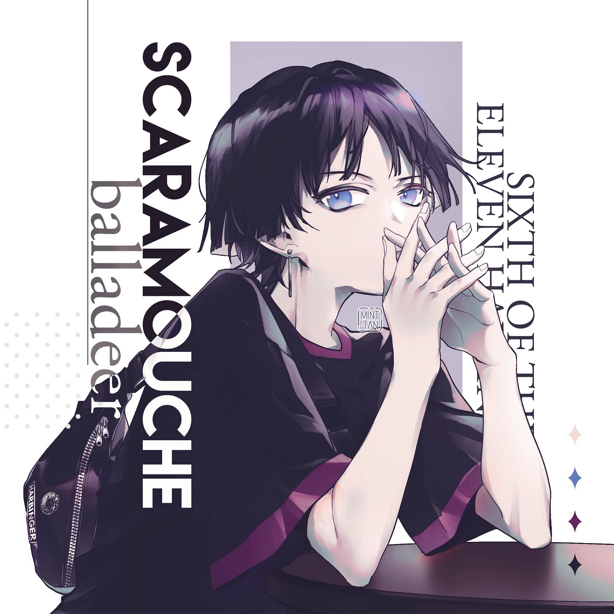 this is a digital illustration of scaramouche, a character from the popular video game "genshin impact." the illustration is in a manga style, with scaramouche depicted as a young man with purple and black hair, wearing a black shirt with a pink collar and black pants. he is sitting at a table with his hands clasped together, his eyes closed in thought. the background is a gradient of colors, with a pattern of dots. the illustration is very detailed, with a focus on scaramouche's features and the textures of his clothing. the overall feeling of the image is one of peacefulness and reflection.