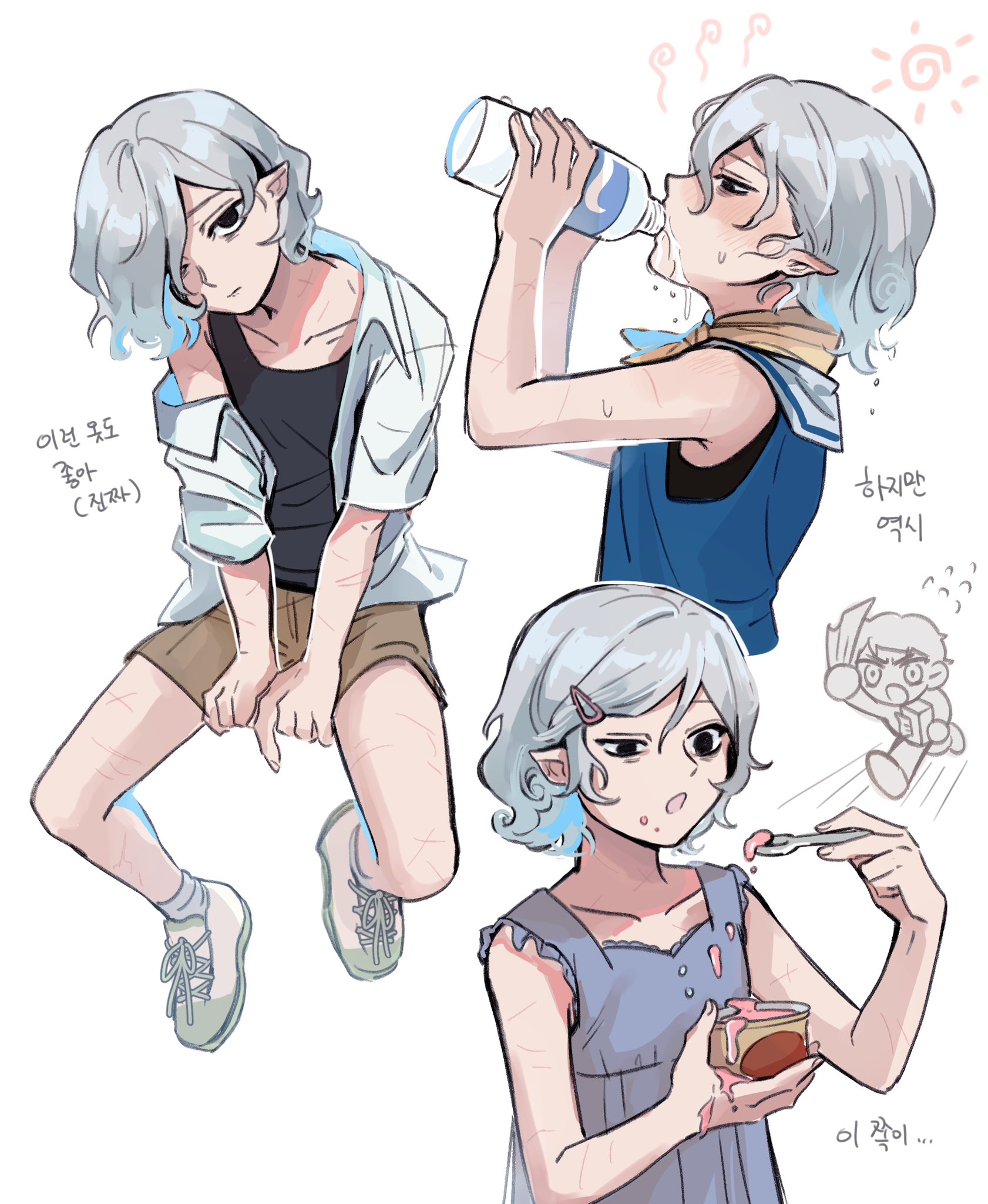 the image contains three illustrations of a young girl character, possibly fanart, with distinctive elflike ears and multiple scars on her arms.  the art style is reminiscent of anime or manga, with soft lines and pastel coloring. the illustrations depict the character in various poses: sitting and seemingly resting, drinking water from a bottle, and happily eating ice cream. the background includes simple elements like a sun and thought bubbles with additional small illustrations adding context.  korean text is present in the image, seemingly describing the character's state or thoughts. the overall feel is light and airy, suggesting a summer setting. the character design is cute, with slightly exaggerated features that verge on chibistyle proportions.
