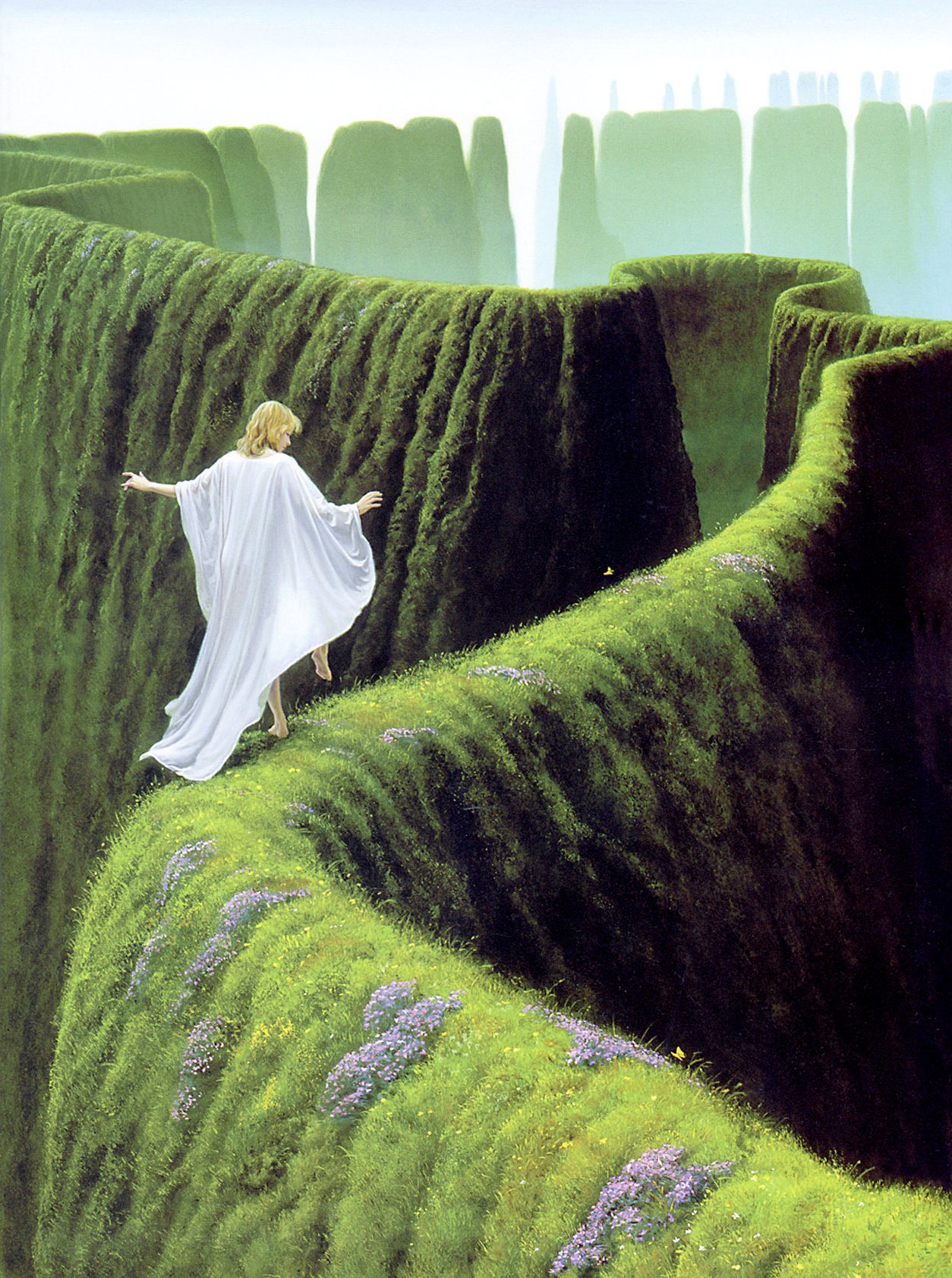 the image is a painting or illustration depicting a woman in a long, flowing white robe walking along a narrow path that winds its way through a surreal, verdant landscape.  the path is high up, resembling a wall or cliff face covered in lush green moss and small purple flowers. the landscape is characterized by twisting, tall green walls, forming a mazelike structure.  in the distance, faint hazy shapes suggest buildings or structures. the overall mood is mystical and ethereal, with a dreamlike quality to the setting and the woman's serene demeanor. the color palette is dominated by greens, whites, and subtle purples.