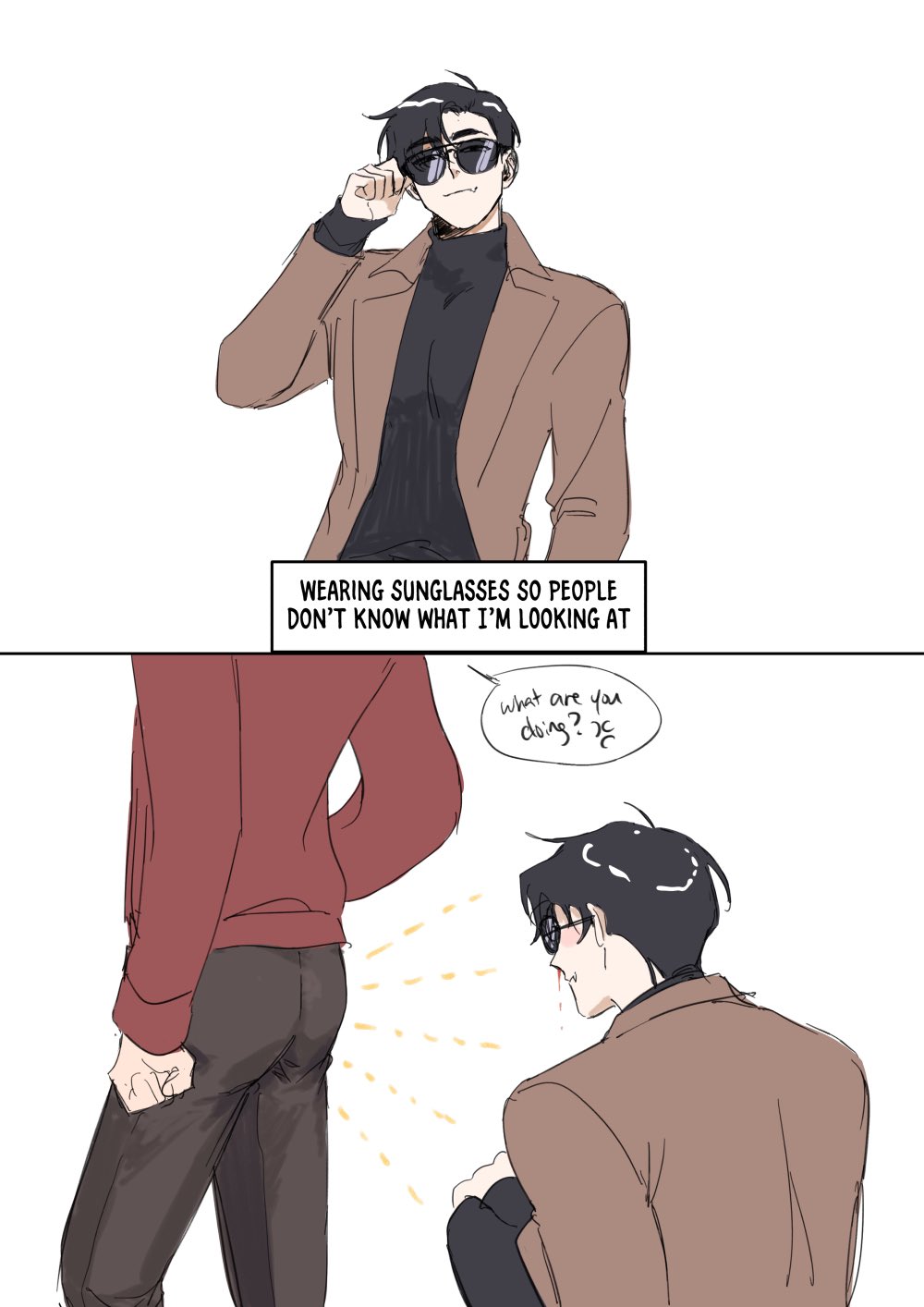 the image is of a man with black hair, wearing a black turtleneck, brown coat, and black pants. he's wearing sunglasses and is looking away from the viewer. in front of him and out of view is another man who's asking "what are you doing?" the image is drawn in a cartoon style, with the man being in black and white. the background is white.  the image seems to be from an anime or a webcomic.