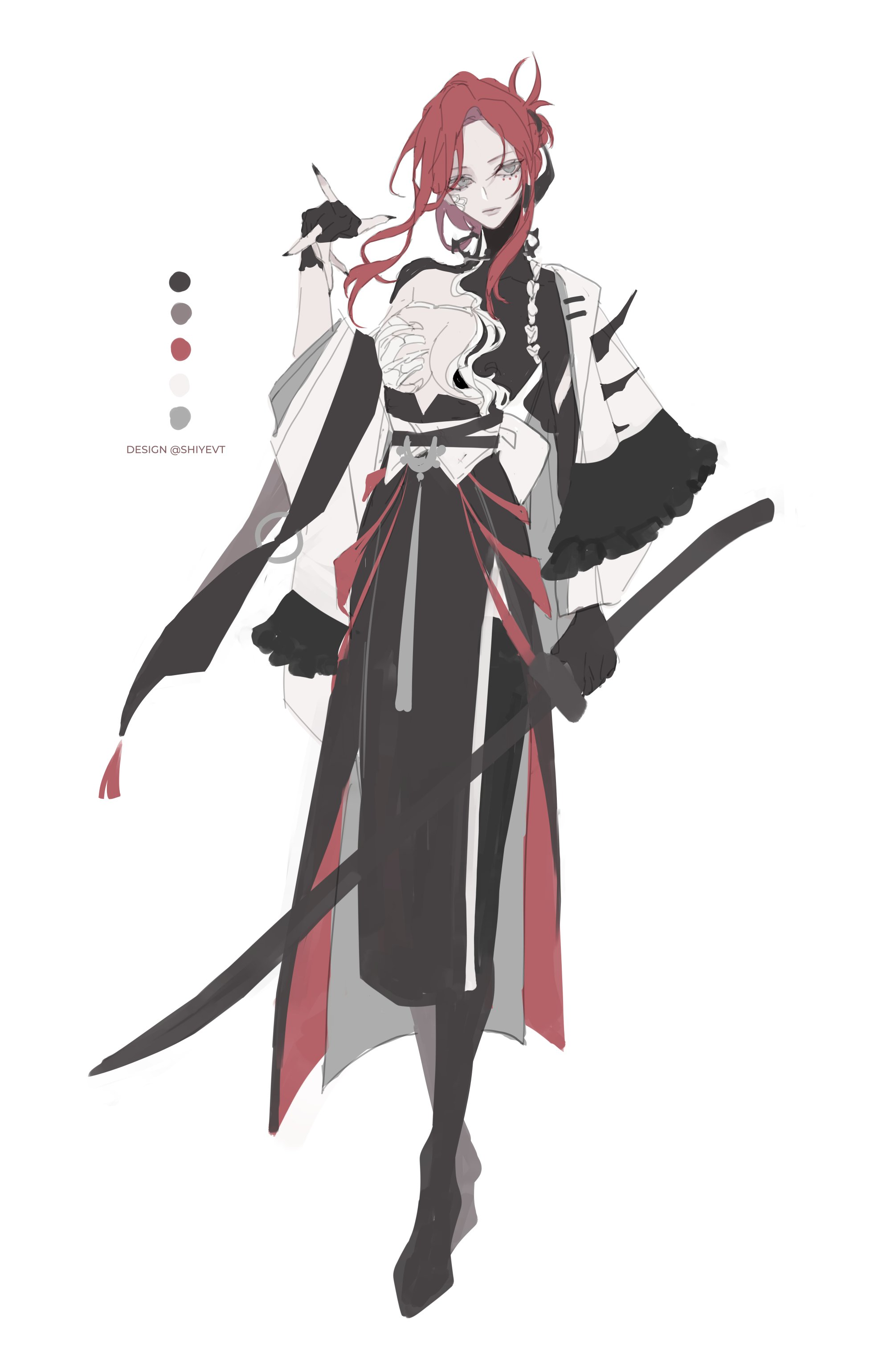 a fullbody illustration of a female samurai with long red hair and a sword. she is wearing a black and white outfit with red accents. the character has a tattoo on her chest and is holding a paintbrush in one hand.