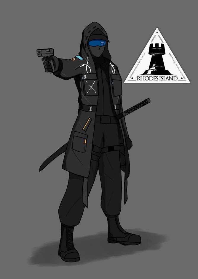 this is an illustration of a character in a black hooded jacket, black pants, and black boots. the character is holding a black pistol in their right hand, and a katana is sheathed on their waist. their face is obscured by a blue mask and a black helmet. behind them is a rhode island logo, which depicts a grey triangle with a black fort inside, and the words "rhode island" at the bottom.  the character is standing on a grey background.