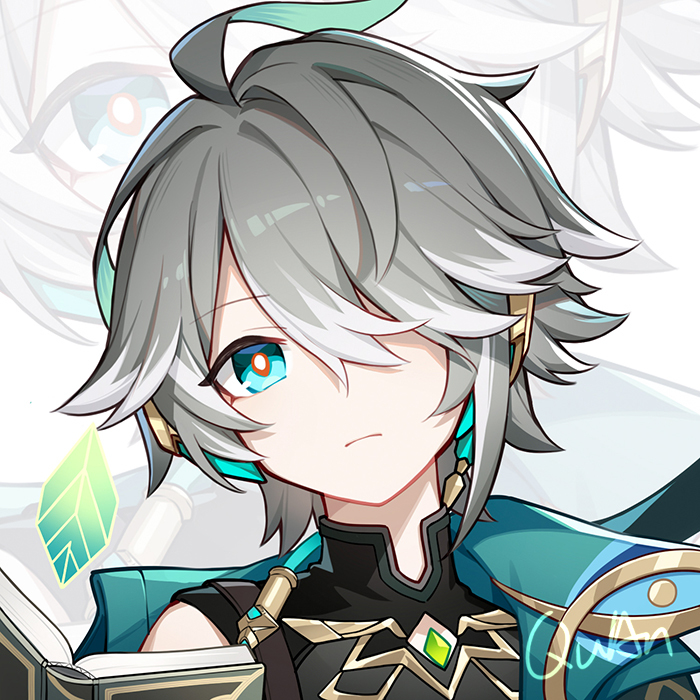 a close up of an anime character with white hair and green eyes, he is wearing a teal and gold outfit and holding a book. the character has a serious expression on his face. the image is drawn in a stylized manga style.