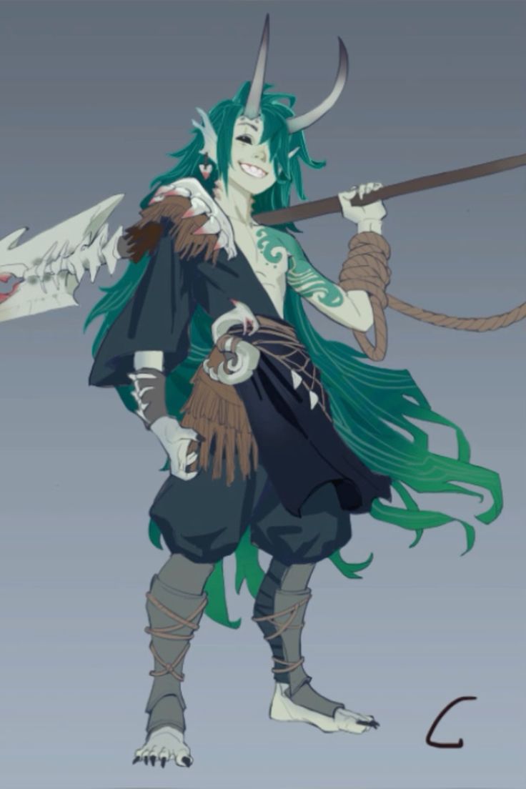 this is an illustration of a female anime character with green hair and horns. she has a staff, a blue and black outfit and grey shoes. the character is posed with a confident smirk. the background is grey. the illustration style is semirealistic.