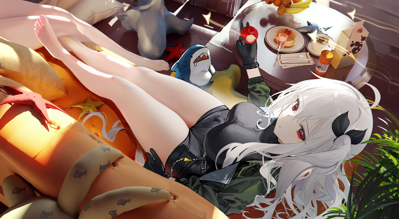 the image is a digital illustration in an anime/manga style, depicting a young woman with long, flowing white hair and a black bow. she has striking red eyes.  she's wearing a black shortsleeved top and dark shorts, along with black gloves. she is comfortably lounging on a plush, orangetoned sofa/bed, with her legs extended.  around her are various plush toys including a shark and starfish.  a small table nearby displays a breakfast of pancakes, an apple, and coffee.  the overall atmosphere is relaxed and peaceful, bathed in sunlight streaming into the room. the scene is very detailed and shows excellent attention to lighting and shadow.