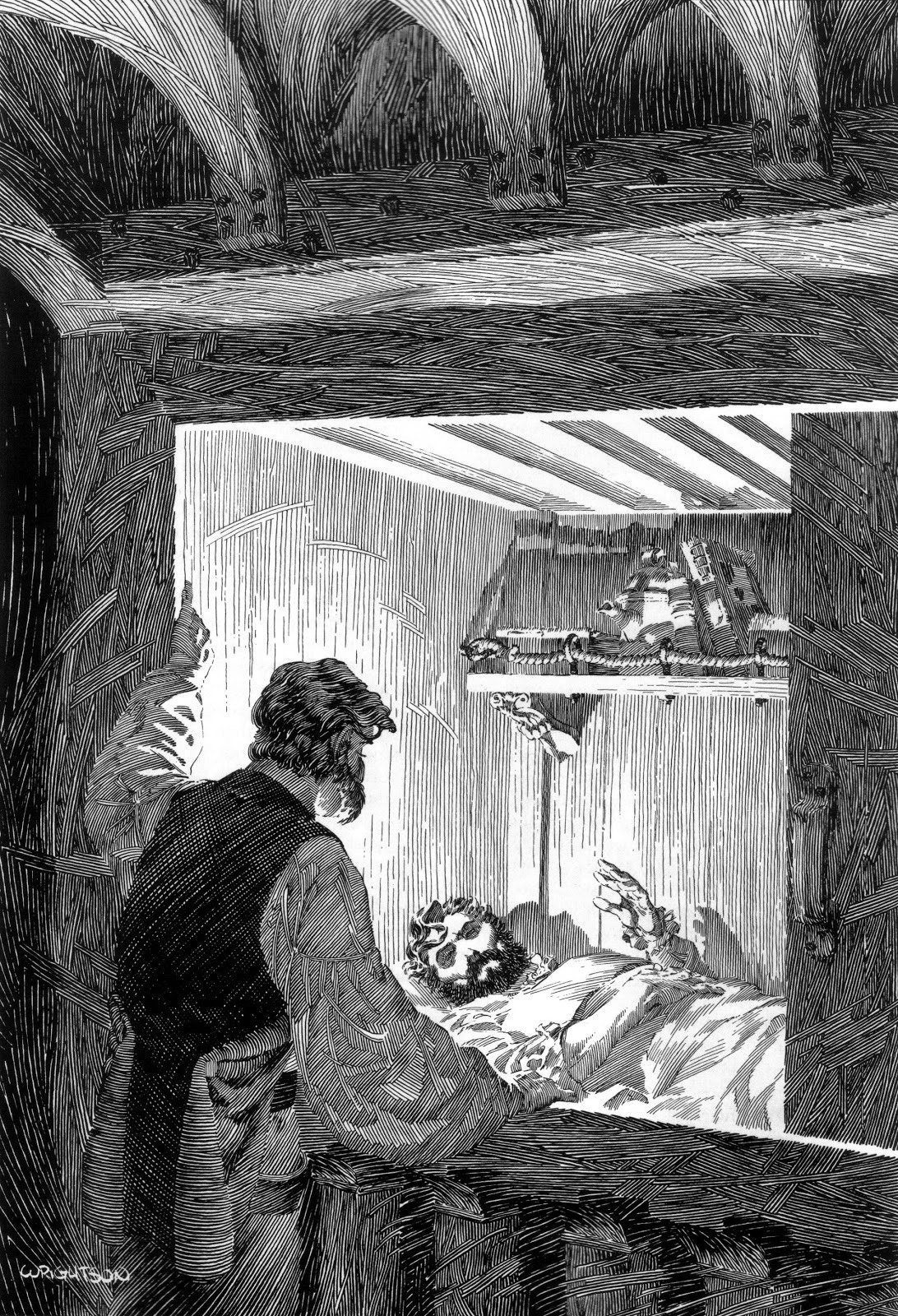 a black and white illustration depicts a man on what appears to be his deathbed, as another, taller man looks solemnly down at him. the perspective is from behind the taller man, offering a restricted view of the scene. the room is sparsely furnished, and light streams in from the window behind the bed. the style of the illustration suggests a medieval or historical setting, hinting at a narrative of illness, care, and perhaps impending death.