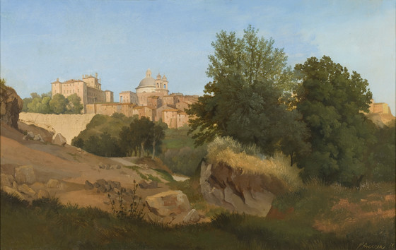 the image shows a landscape painting featuring an old town built on a hill. the town includes various buildings with distinct architectural styles, and a prominent domeshaped structure stands out. lush trees and greenery surround the town, and the scene is set under a bright, clear sky. in the foreground, there are rocks and grass, adding depth to the painting.