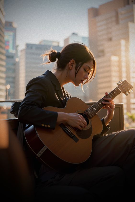 a young woman, with her dark hair pulled back in a simple bun, sits in front of a window with a city backdrop. she is deeply absorbed in playing her acoustic guitar, her fingers dancing across the strings. the sunlight casts shadows across the scene, adding a touch of drama to the moment. she is dressed in a dark blazer and trousers, and her expression is serious and focused, hinting at the depth of her passion for music.