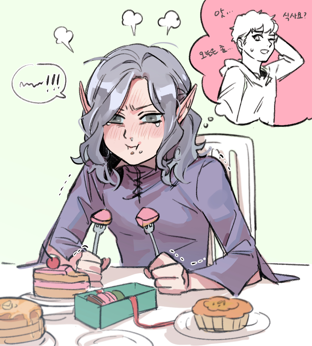 the image is a digital drawing in an anime/manga style. it features a young, cute female elf character with gray hair and pointed ears, sitting at a table with several desserts in front of her. she is eating small pink cakes on forks and appears to be happily daydreaming about a boy, whose image is shown in a thought bubble above her head.  the overall style is lighthearted and whimsical, with soft colors and expressive lines. the scene conveys a sense of sweetness and gentle affection.