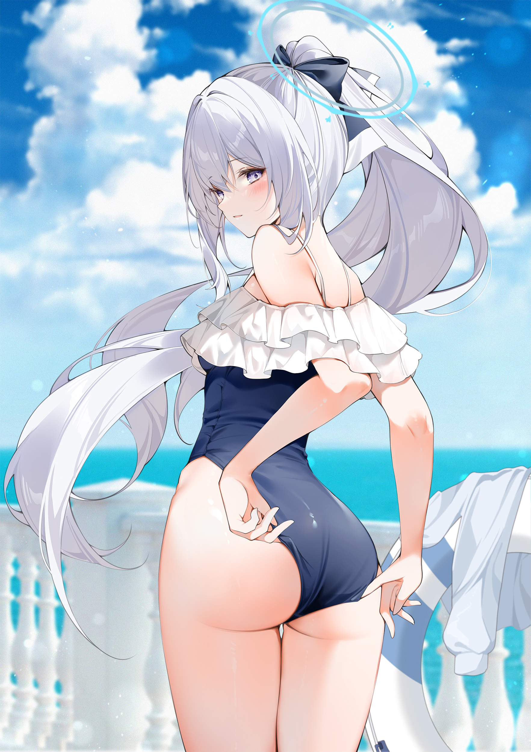 the image is a digital artwork depicting an animestyle girl with long, white hair in a ponytail. she's wearing a dark blue onepiece swimsuit with white ruffles at the shoulders. the girl is seen from behind, and is blushing slightly.  she appears to be at the beach, near a white railing with the ocean and sky visible in the background.  a halolike effect is above her head.  the overall style is soft and dreamy.