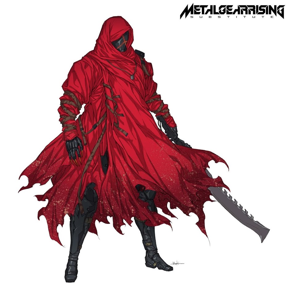 this is a digital art illustration of raiden, the cyborg ninja from the video game metal gear rising: revengeance. the image depicts raiden in his substitute outfit, wearing a red cloak and wielding a giant sword. the artwork is drawn in a manga/anime style.