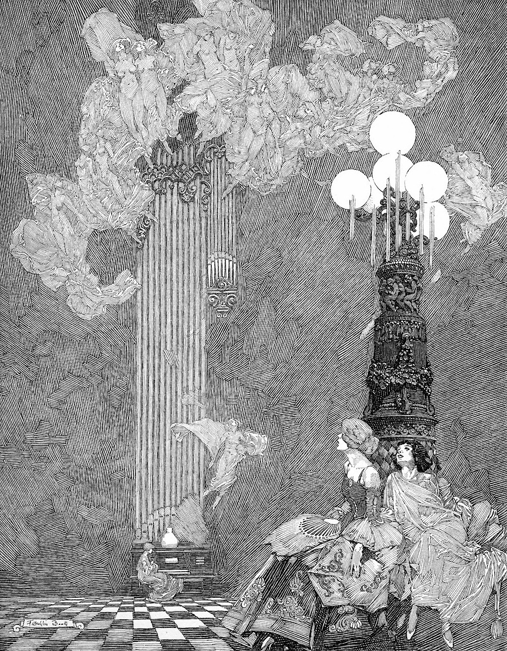 the illustration, rendered in shades of gray, depicts two women in elaborate gowns in a grand, shadowy hall. the space is dominated by a tall, slender structure resembling a pipe organ on the left and a towering, ornate chandelier with glowing orbs on the right.  surreal, cloudlike forms fill the upper portion of the composition, adding to the dreamlike and fantastical atmosphere. the women appear small in comparison to the grand architecture surrounding them. the overall mood is mysterious and intriguing.