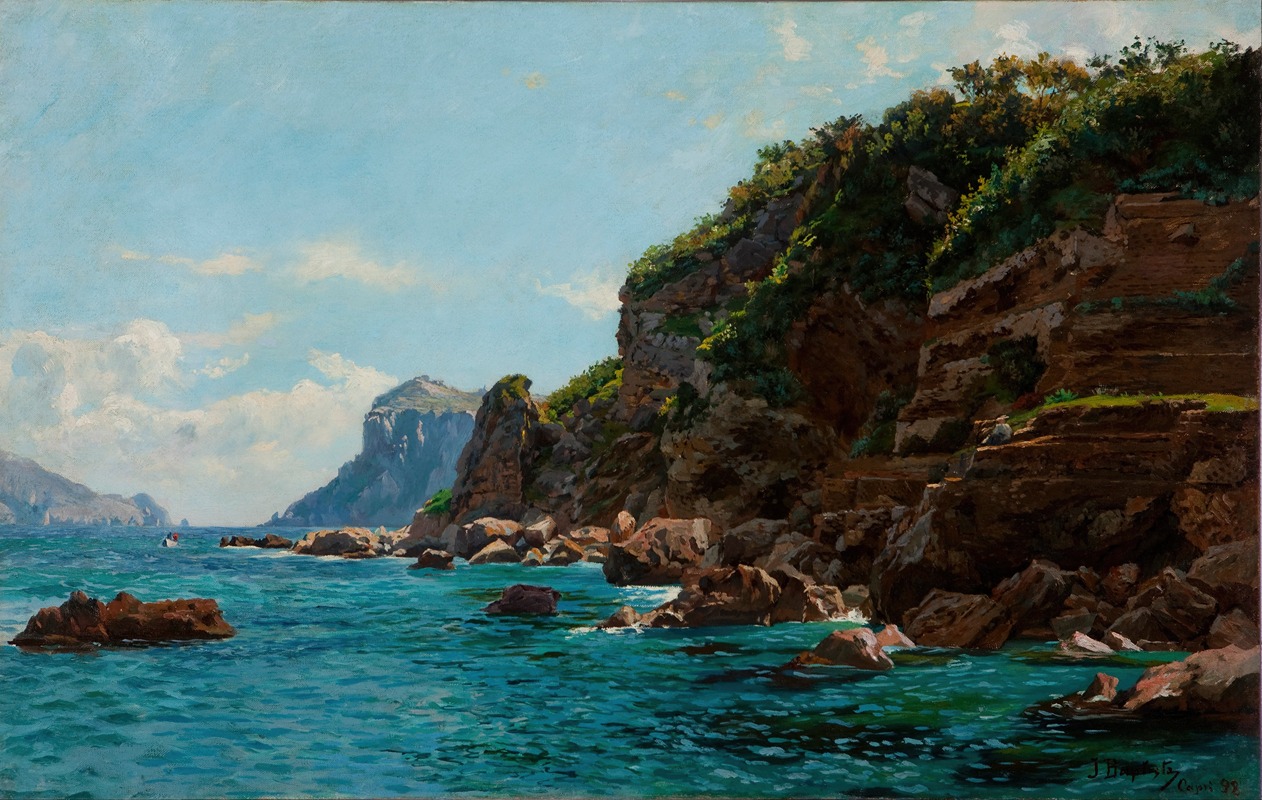 a landscape painting depicts a rocky coastline with cliffs and vegetation. the sea is a vibrant blue, with rocks jutting out of the water. in the distance, mountains and an island are visible. the sky is blue with scattered clouds. a person is seated on the cliffs. the painting is signed j. brandt, capri 98.