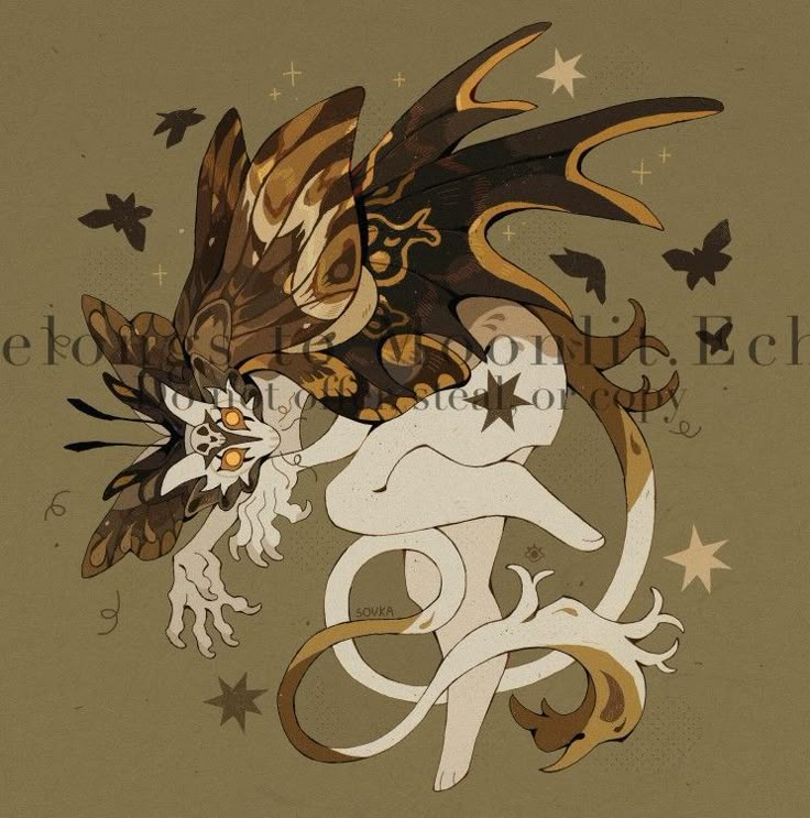 a stylized illustration of a fantasy creature with a mothlike aesthetic. the creature features large, patterned wings in shades of brown, white, and gold. it has a humanoid body with white skin and a long, ornate tail in similar colors. the background is a muted green color and includes stylized stars. the overall design is intricate and artistic.