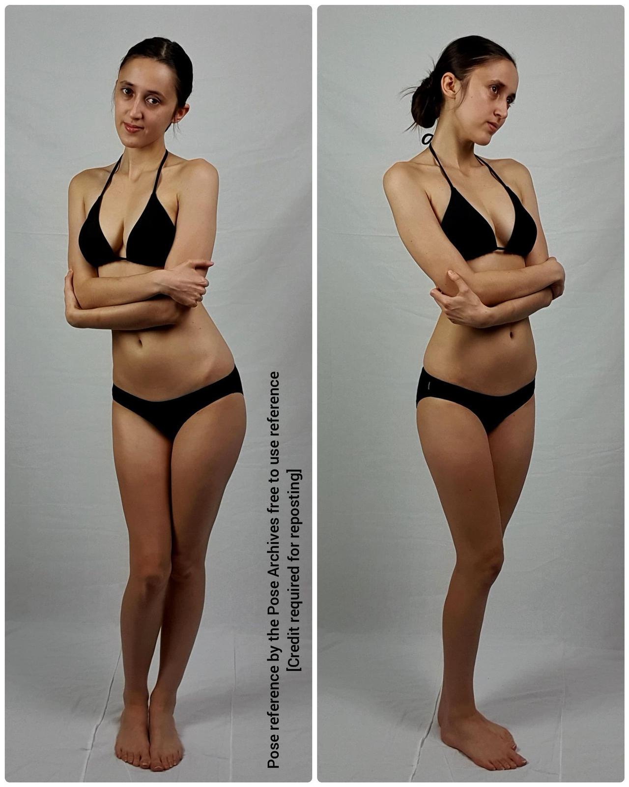 the image shows a woman in a black bikini posing against a plain white background.  she is standing with her arms crossed and her head turned slightly to the side.  this appears to be a reference photo for artists.
