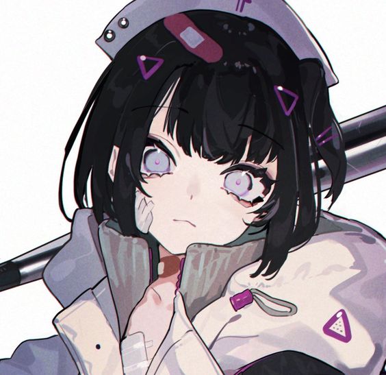 the image features a young anime girl dressed in a stylized nurse outfit. she has short, dark hair with two purple triangular clips and bandages on her face. her eyes, a striking feature, are wide and expressive. she clutches the collar of her jacket, which has purple accents, and a baseball bat rests on her shoulder, hinting at a darker side. the style is distinctively anime, with large eyes, exaggerated features, and vibrant colors.