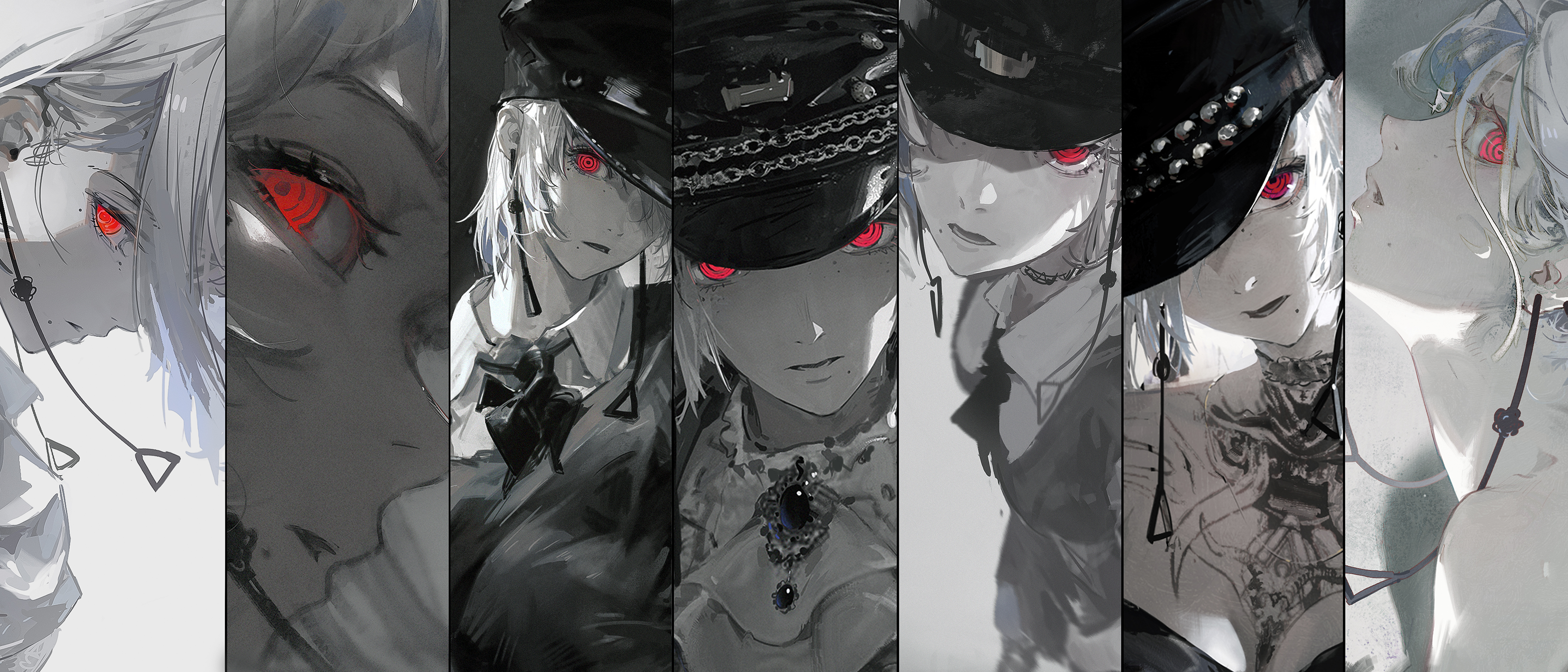 a collage of 6 portraits of anime girls with black and white tones. the girls have different facial expressions and are wearing various accessories.